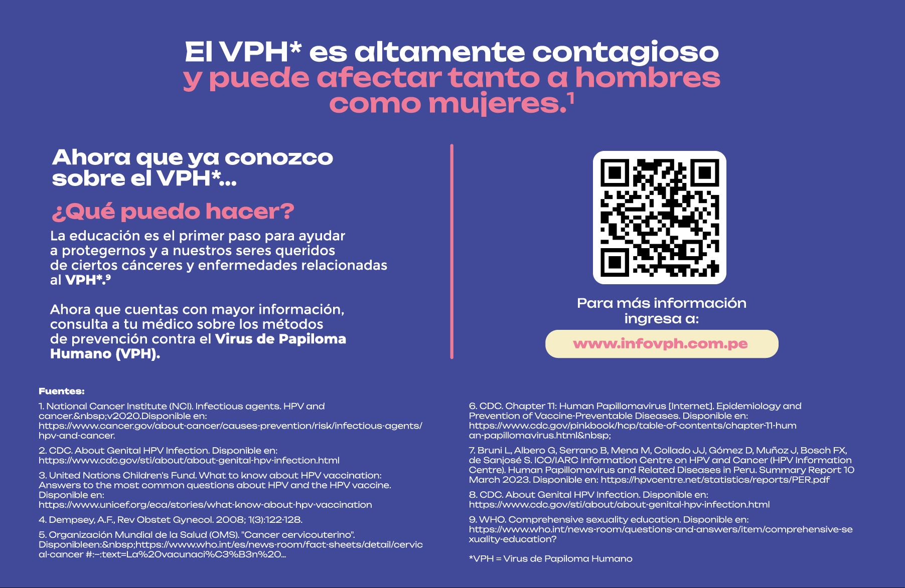 Infografía sobre el VPH, su alta transmisión y acceso a información mediante código QR